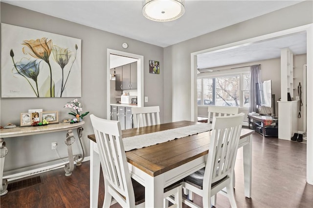 dining space featuring dark wood-type flooring