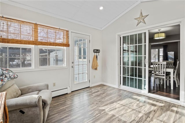 living area with hardwood / wood-style flooring, a baseboard heating unit, a wealth of natural light, and vaulted ceiling