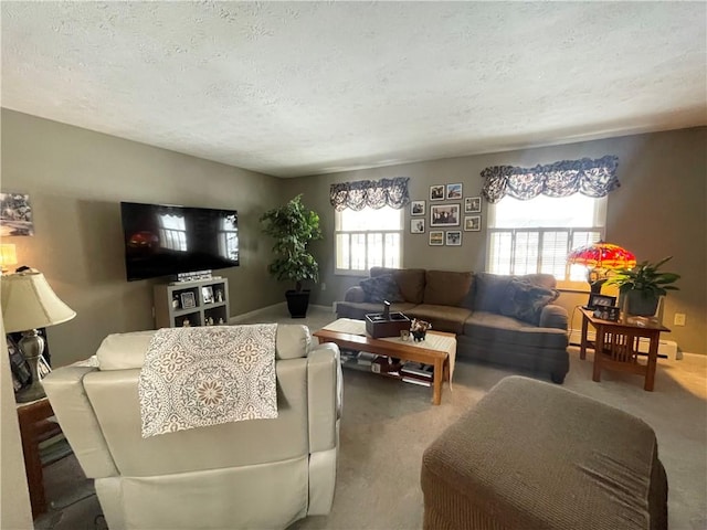 carpeted living room with a textured ceiling and a baseboard radiator