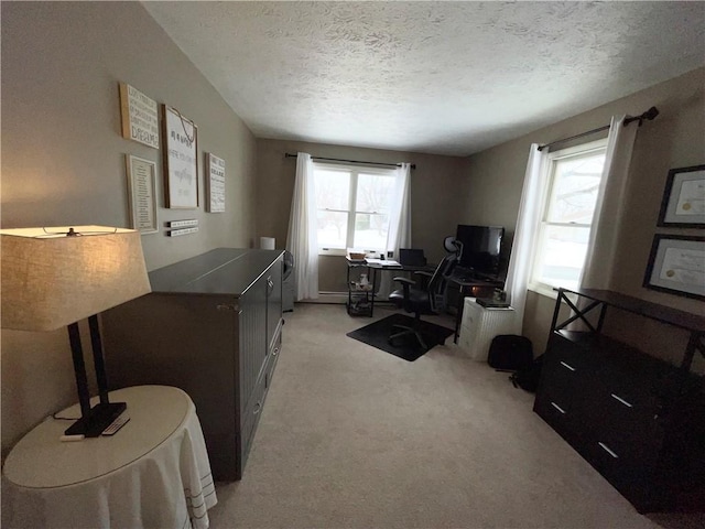 carpeted home office with a textured ceiling