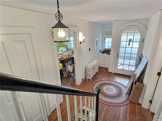 entrance foyer with radiator heating unit and dark hardwood / wood-style floors