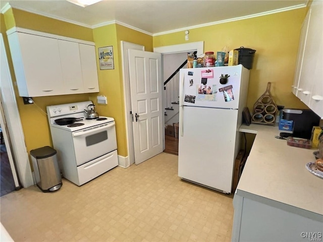 kitchen featuring white appliances, white cabinetry, and crown molding