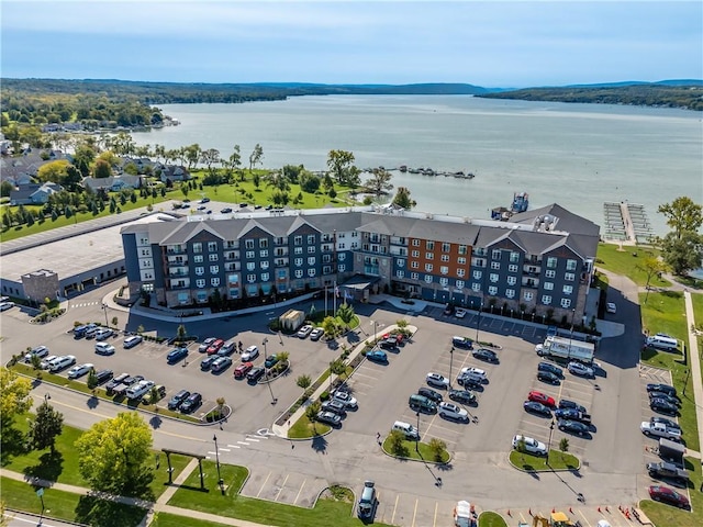 drone / aerial view with a water view