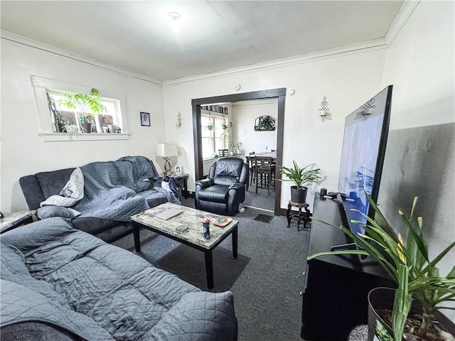 carpeted living room with ornamental molding