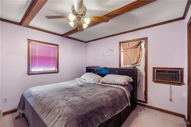 bedroom featuring a wall unit AC, light colored carpet, beamed ceiling, ceiling fan, and ornamental molding