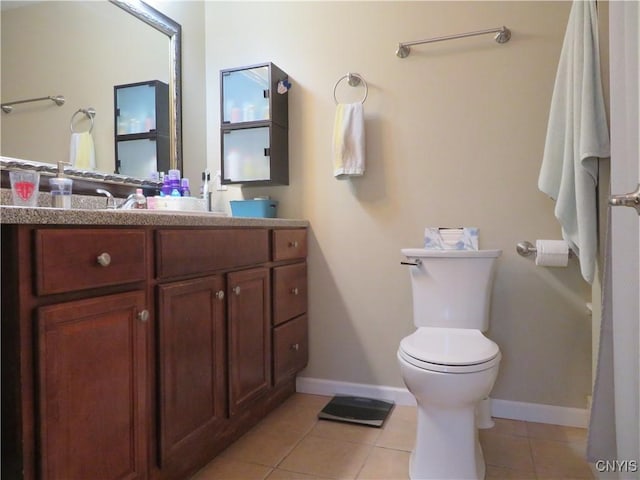 bathroom with toilet, tile patterned flooring, and vanity