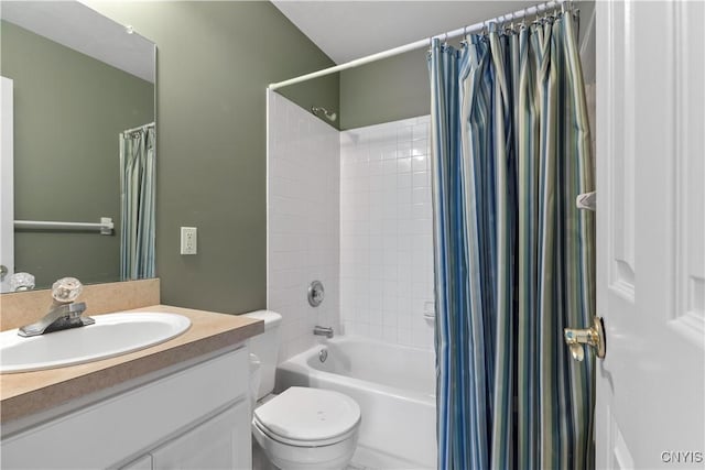 full bathroom with toilet, vanity, and shower / tub combo with curtain