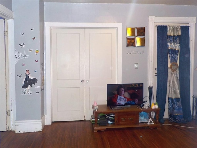 interior space with dark wood-type flooring