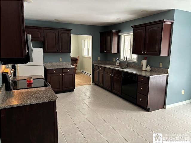 kitchen with range, light tile patterned floors, sink, black dishwasher, and dark brown cabinets