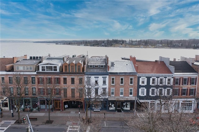 birds eye view of property featuring a water view