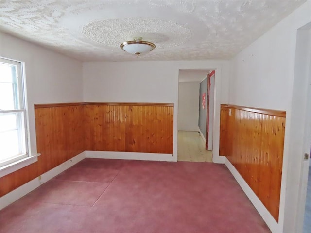 unfurnished room featuring wooden walls, a textured ceiling, and carpet