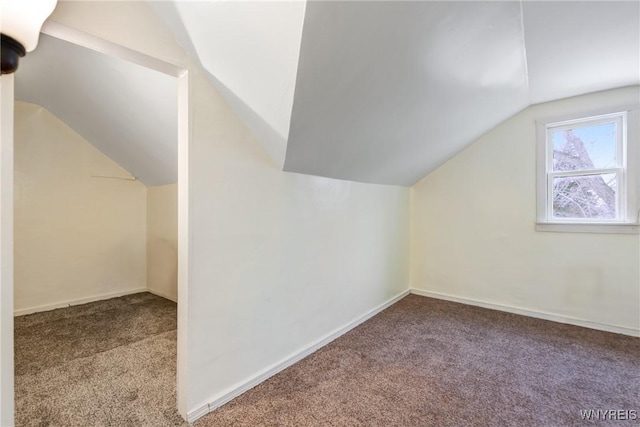 bonus room with lofted ceiling and carpet flooring