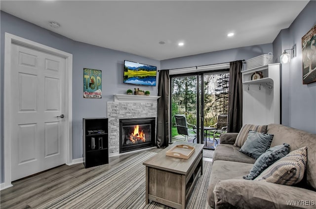 living room with wood-type flooring and a stone fireplace