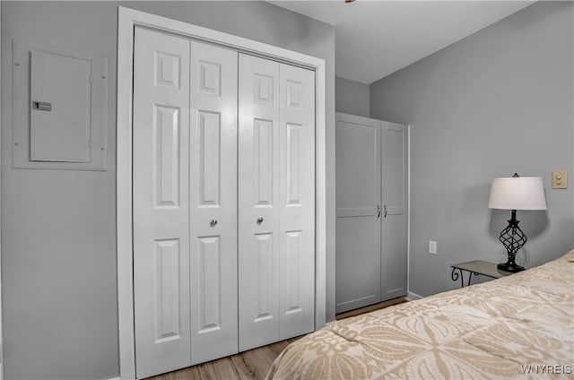 bedroom featuring electric panel, hardwood / wood-style floors, and a closet