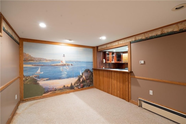 bar featuring baseboard heating, carpet, and crown molding