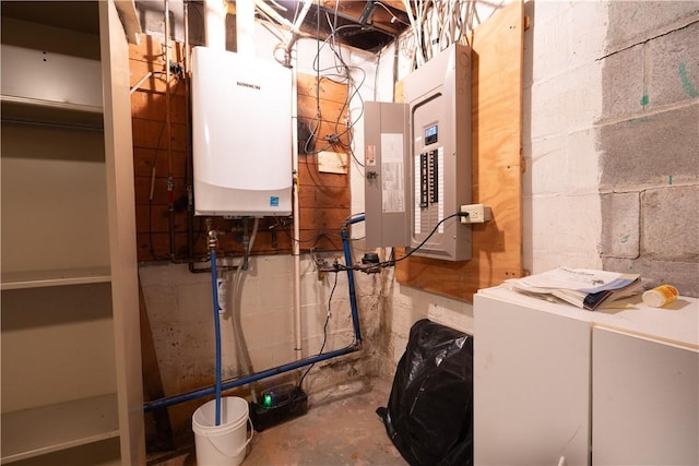 utilities featuring electric panel and water heater