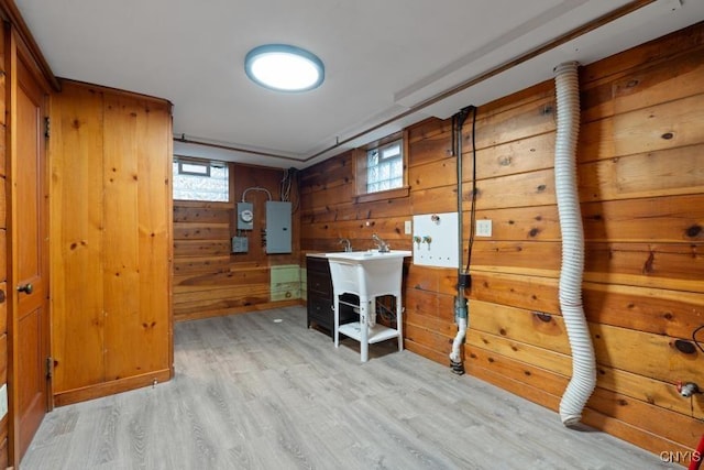 interior space with wooden walls, light wood-type flooring, plenty of natural light, and electric panel