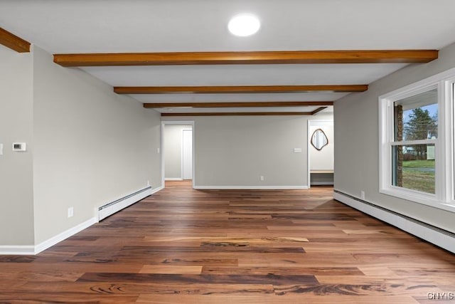 unfurnished room with dark hardwood / wood-style flooring, a baseboard radiator, and beamed ceiling