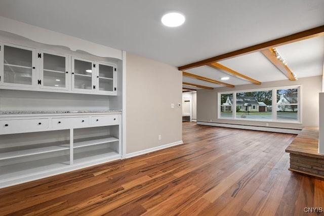 unfurnished living room with dark hardwood / wood-style flooring, baseboard heating, and beam ceiling