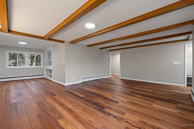 unfurnished living room featuring wood-type flooring, baseboard heating, and beam ceiling