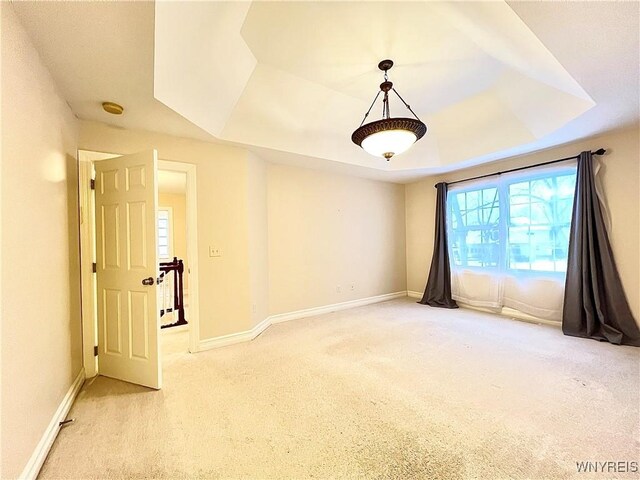 unfurnished room with a raised ceiling and carpet flooring