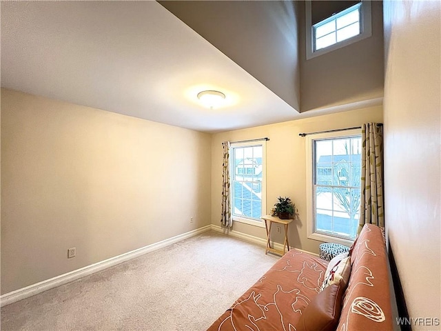 unfurnished room with a towering ceiling and carpet flooring