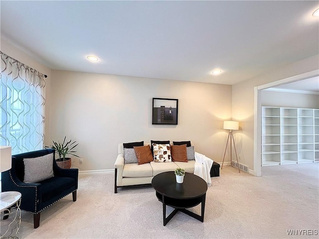 carpeted living room with built in features