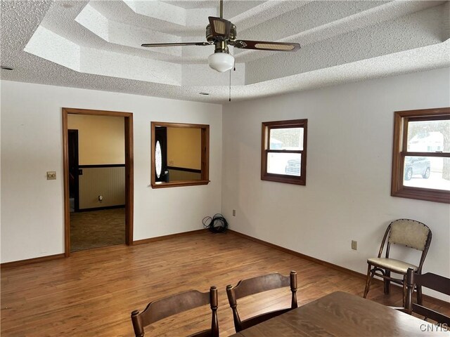 interior space featuring hardwood / wood-style flooring, a raised ceiling, a wealth of natural light, and a textured ceiling