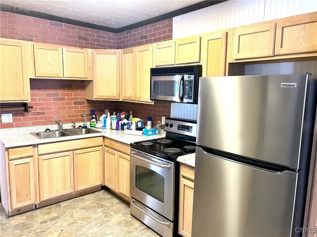 kitchen with sink, stainless steel appliances, and light brown cabinetry