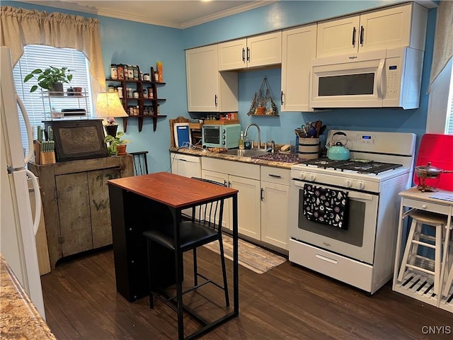 kitchen featuring white cabinetry, white appliances, dark hardwood / wood-style flooring, ornamental molding, and sink