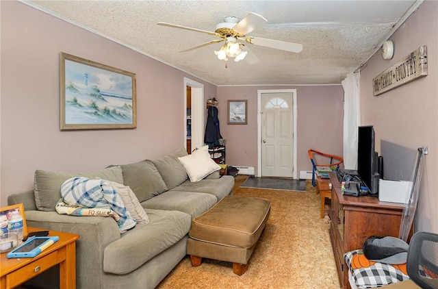 living room with ceiling fan, crown molding, carpet flooring, a textured ceiling, and baseboard heating