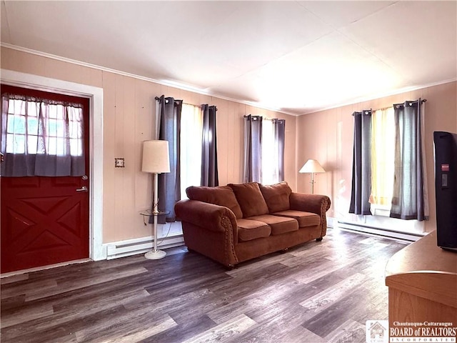 living area featuring plenty of natural light, wood finished floors, and a baseboard radiator