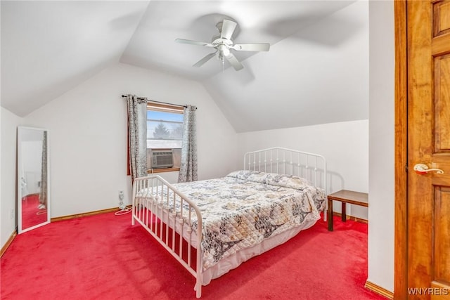 carpeted bedroom featuring ceiling fan, lofted ceiling, and cooling unit