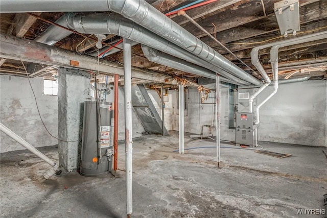 basement with heating unit and water heater