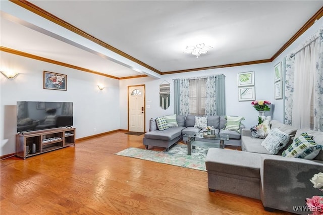 living room featuring ornamental molding and hardwood / wood-style floors