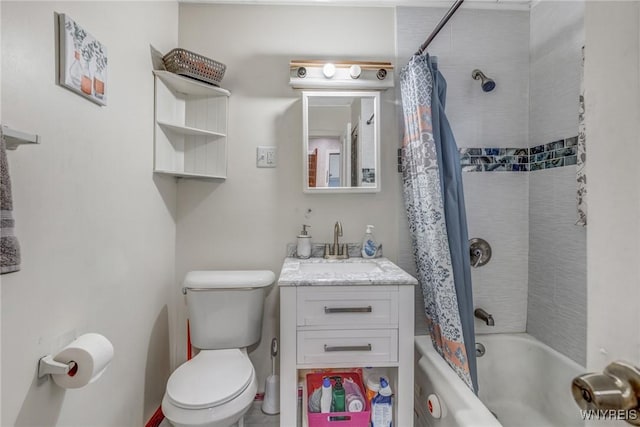 full bathroom featuring toilet, shower / bath combo, and vanity