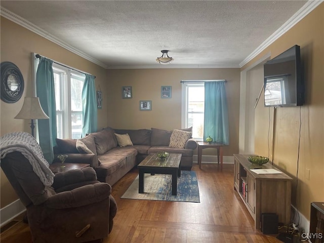 living room featuring a wealth of natural light, crown molding, and a textured ceiling