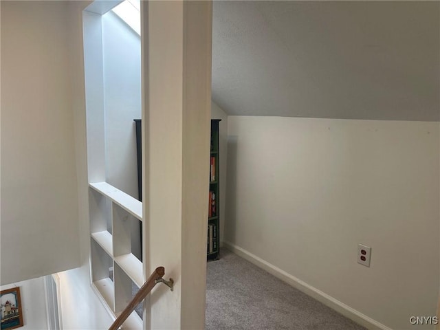 additional living space featuring vaulted ceiling and carpet flooring