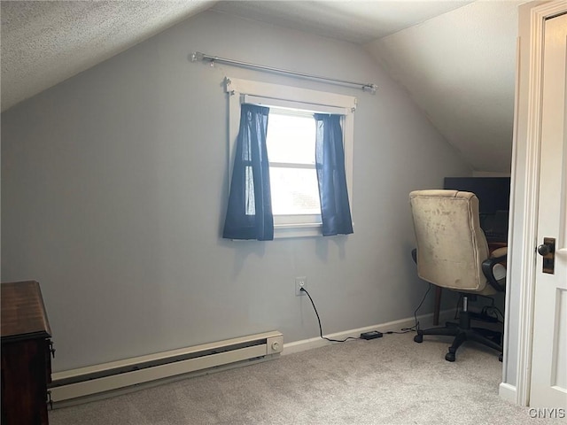 additional living space with a baseboard radiator, a textured ceiling, lofted ceiling, and carpet flooring