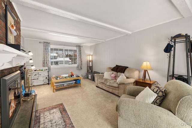 living room with carpet flooring and beam ceiling