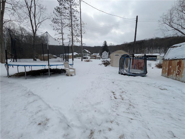 yard covered in snow with a trampoline and a storage unit