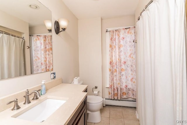 bathroom featuring a baseboard radiator, tile patterned floors, toilet, and vanity