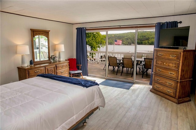 bedroom with light wood-type flooring, access to exterior, and multiple windows