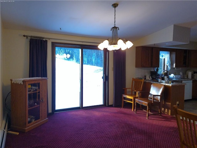 dining area with a baseboard radiator, lofted ceiling, carpet, and a notable chandelier