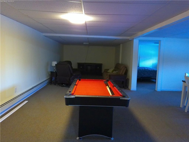 game room with baseboard heating, pool table, and dark carpet