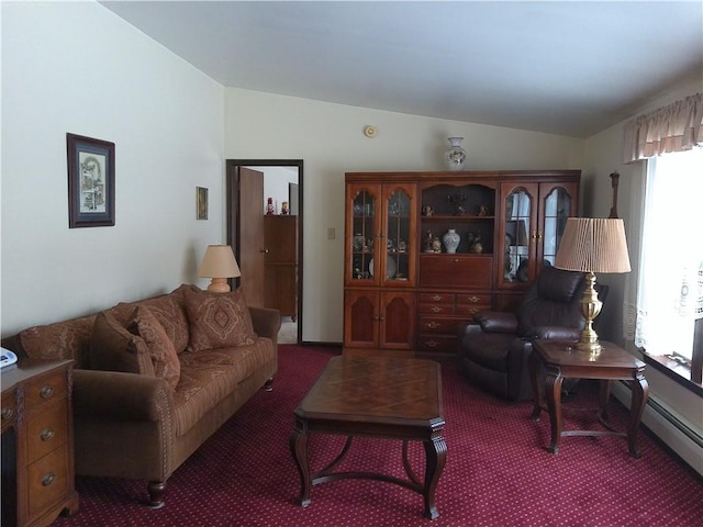 carpeted living room with lofted ceiling