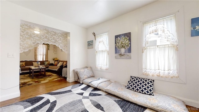 living area with baseboards and wood finished floors