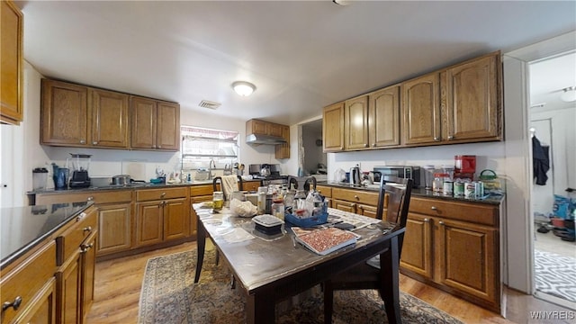 kitchen with dark countertops, light wood-type flooring, and brown cabinets