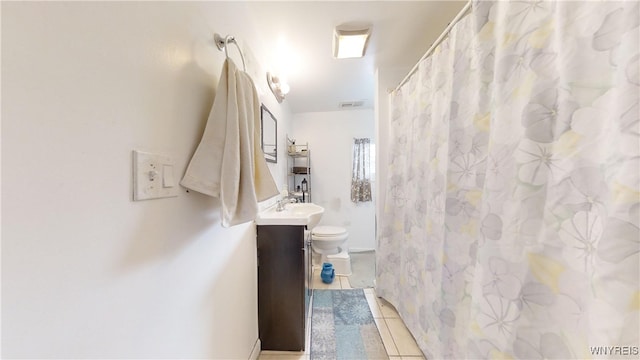 full bath with curtained shower, tile patterned flooring, toilet, visible vents, and vanity