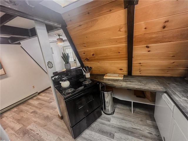 kitchen with ceiling fan, light hardwood / wood-style floors, white cabinets, and black / electric stove